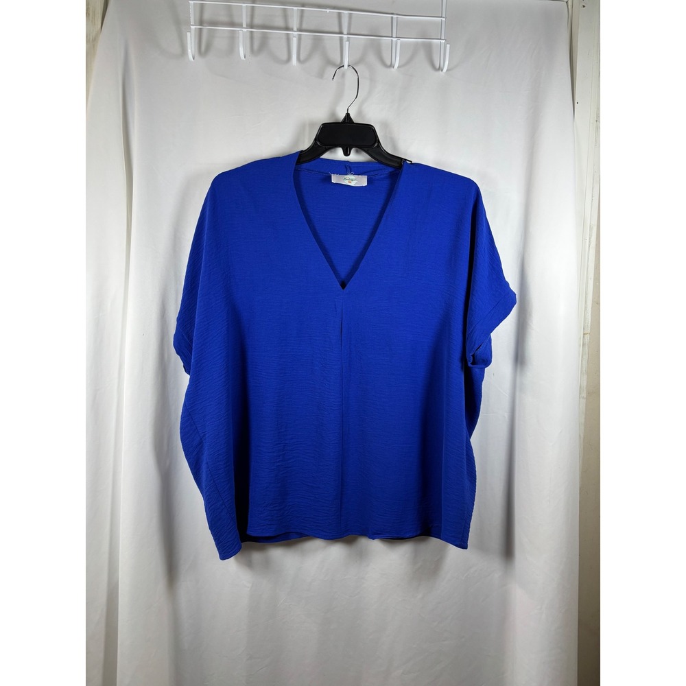 31:25 Boutique Royal Blue V-Neck Crepe Blouse Oversized Short Sleeve‎ Top  L